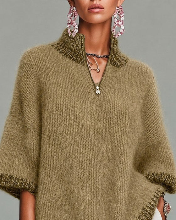 Sweter Half-Zip Kontrastujący Rękaw Trzy-Czwarte