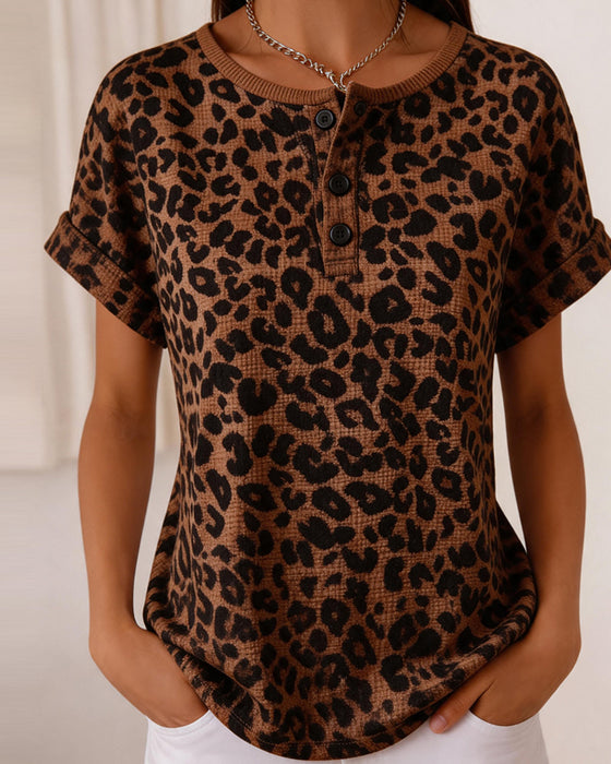 Top Dekolt Henley Lampart Nadruk Gofrowany