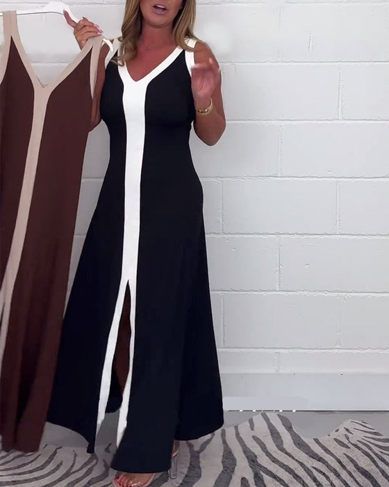 Sukienka bez rękawów z rozcięciem w bloki kolorów