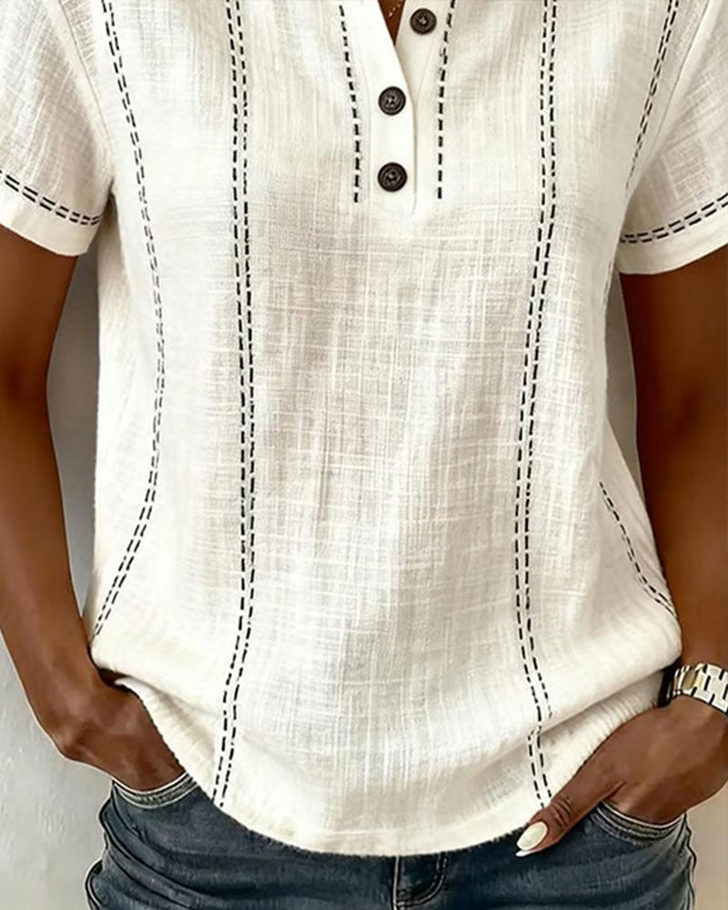 T-Shirt Moda Swobodny Guzik V-Dekolt