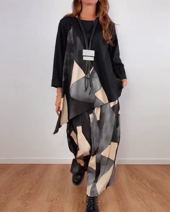 Dwuczęściowy Zestaw Casual Geometryczny Nadruk Szerokie Spodnie