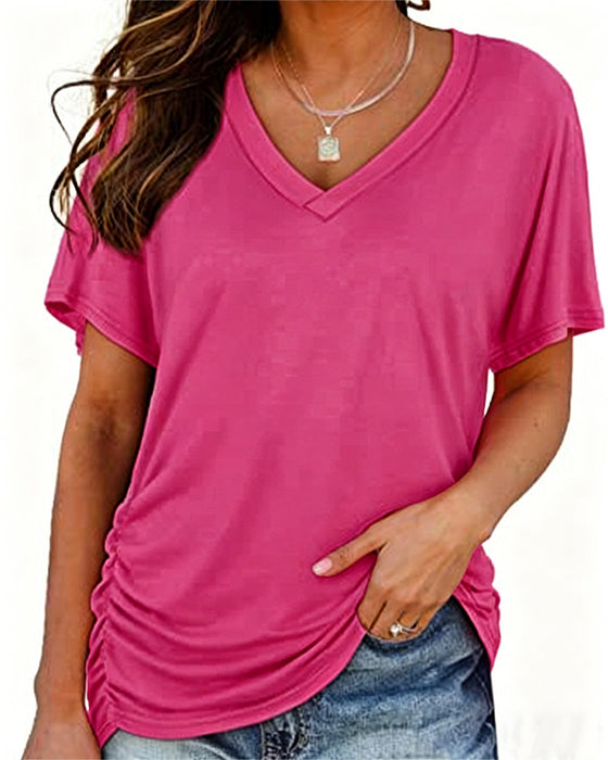 T-Shirt Plisowany Jednokolorowy Dekolt W Serek
