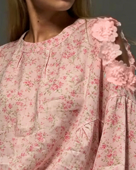 Bluzka Okrągły Dekolt Off-Shoulder Kwiatowy Luźny