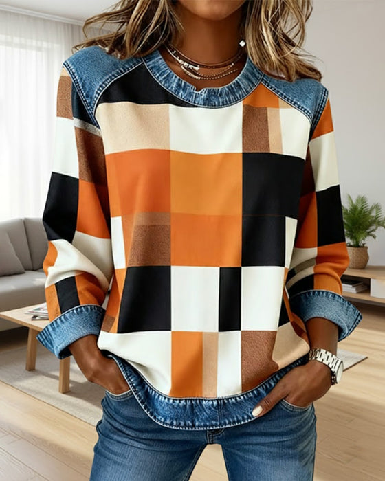 Bluza W Kraciasty Patchwork I Kontrastowym Kolorem