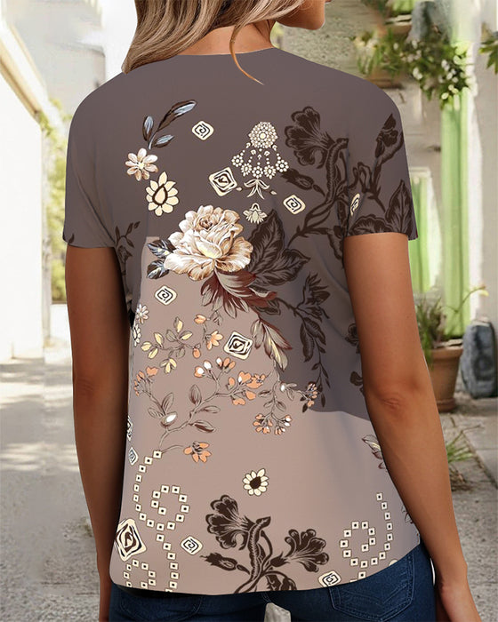 T-Shirt Kwiatowy Wzór Dekolt W S Krótkie Rękawy