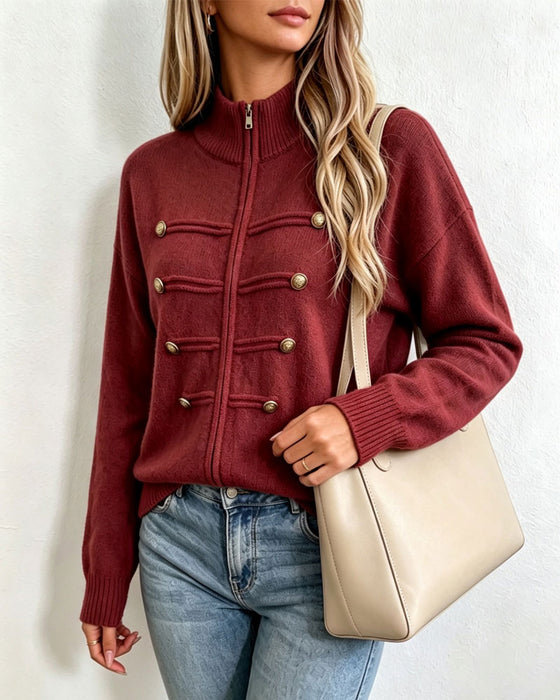 Cardigan Kołnierz Mandarynka Moda Zamek Błyskawiczny Dzianinowy