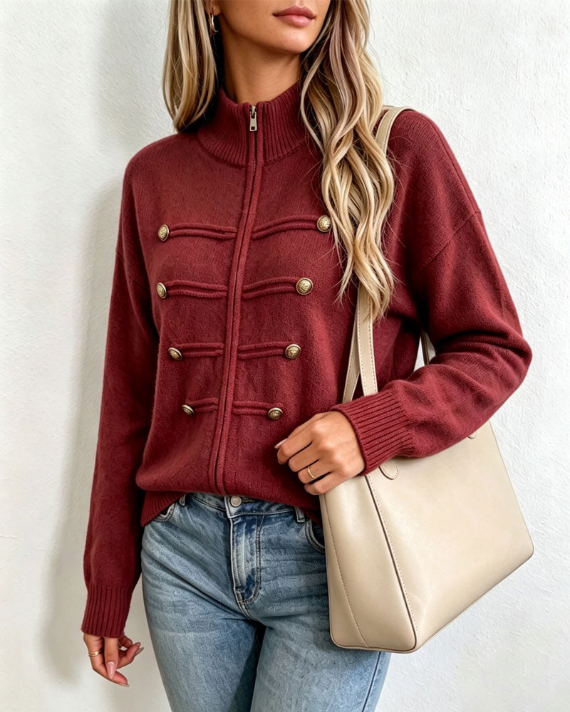 Cardigan Kołnierz Mandarynka Moda Zamek Błyskawiczny Dzianinowy