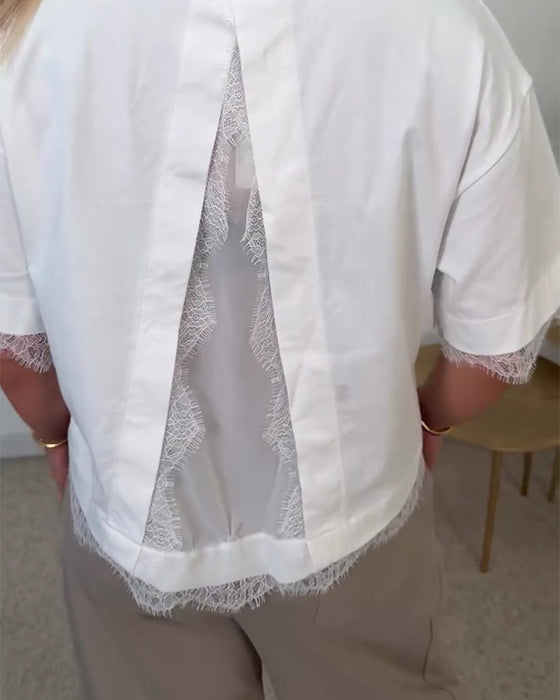 Bluzka Plecy Rozcięcie Koronka Krótki Rękaw