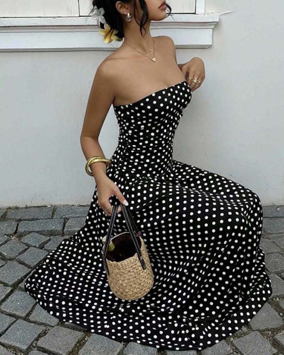 Sukienka Bandeau W Kropki Linia A Długa
