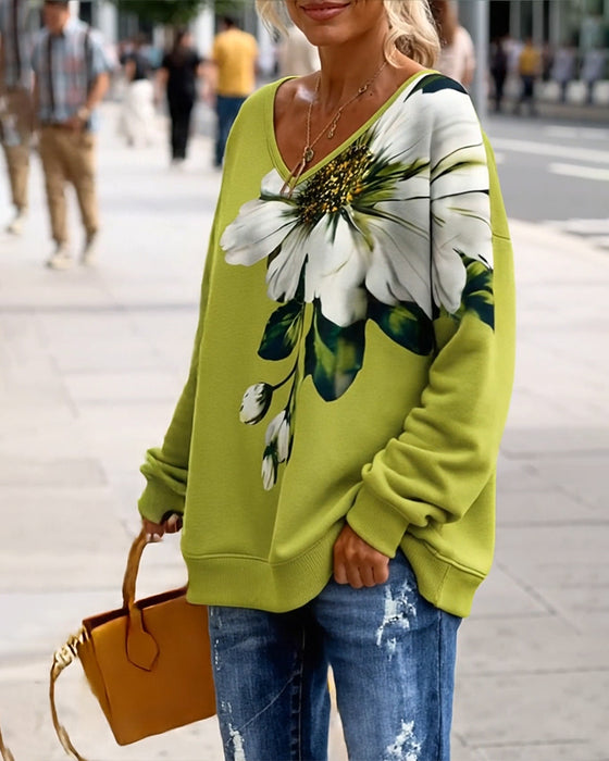 Bluza Dekolt V Luźny Krój Drukowany