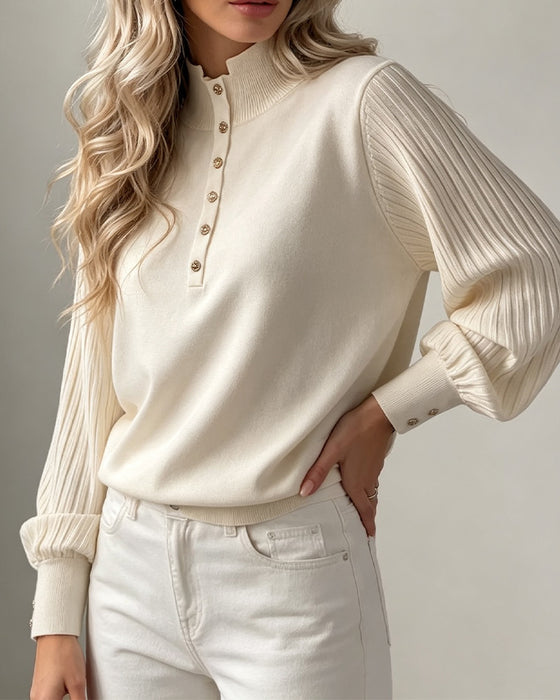 Pullover Golf Guzik Prążkowany Bufiaste Rękawy Sweter
