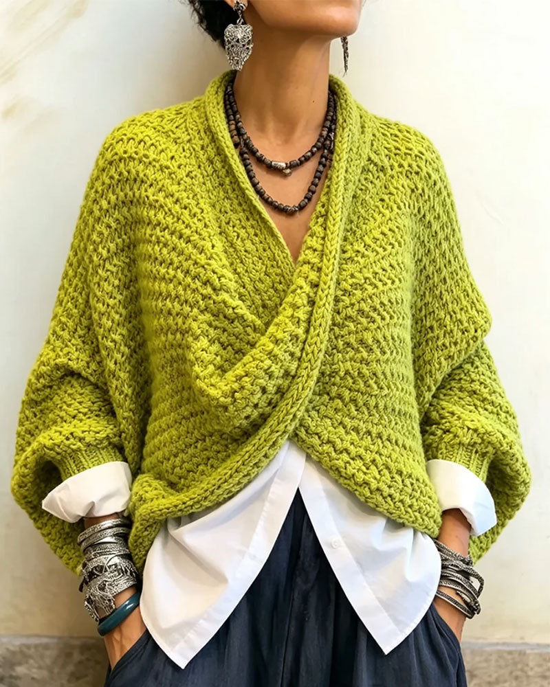 Pullover Gruby Dekolt W Twist Nieregularny Dzianinowy