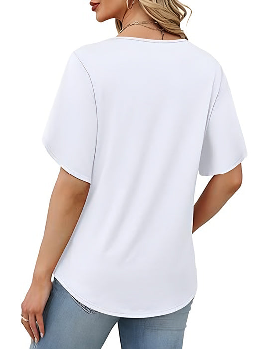 T-Shirt Dekolt W Kształcie Litery V Małe Rozcięcie Krótki Rękaw Jednokolorowy