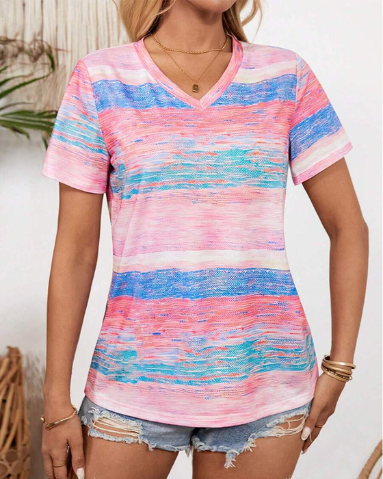T-Shirt Z Dekoltem W Serek Kolorowy W Paski Uniwersalny
