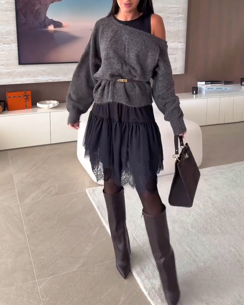 Off-Shoulder Luźny Sweter & Koronka Brzeg Sukienka