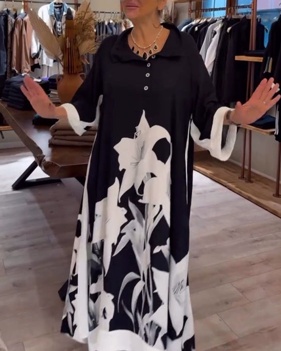 Sukienka Kołnierz Nadruk Oversized Maxi