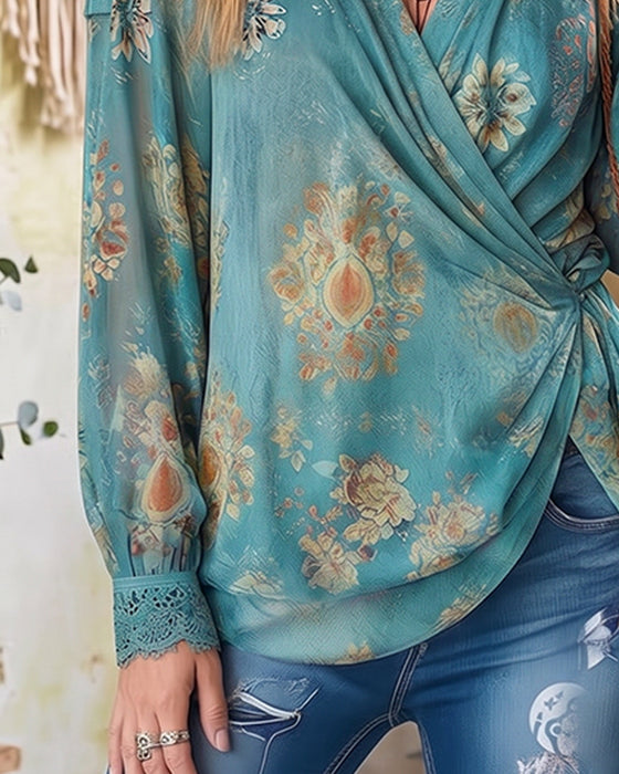 Top Dekolt V Krzyż Marszczony Koronka Patchwork