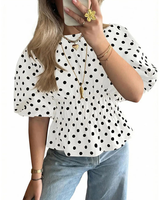Bluzka Kropka Off-Shoulder Przepasujący Balonowy Rękaw