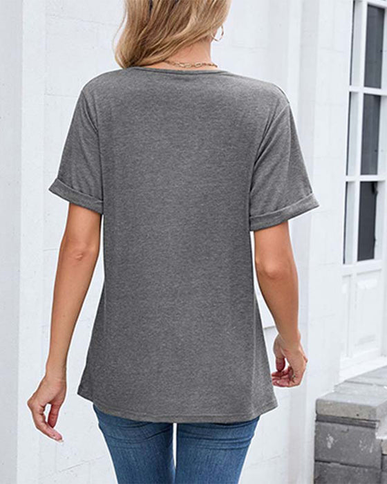 T-Shirt Jednokolorowy Dekolt W Kształcie Litery V Casual Krótki Rękaw