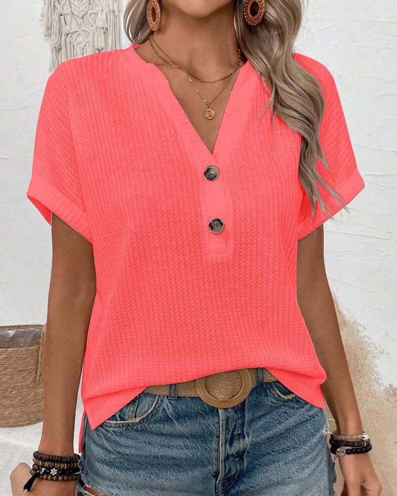 T-Shirt Wafel Dekolt V Guzik