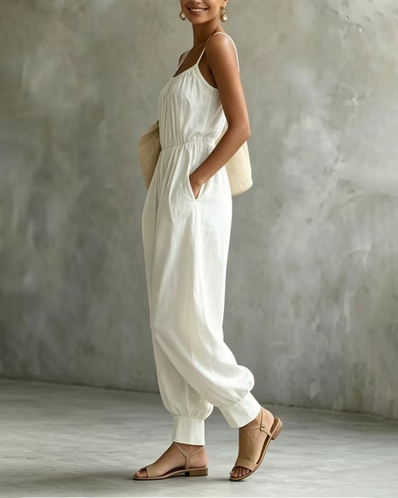 Jumpsuit Ramiączko Spaghetti Plisowany Przepasujący Szeroka Noga