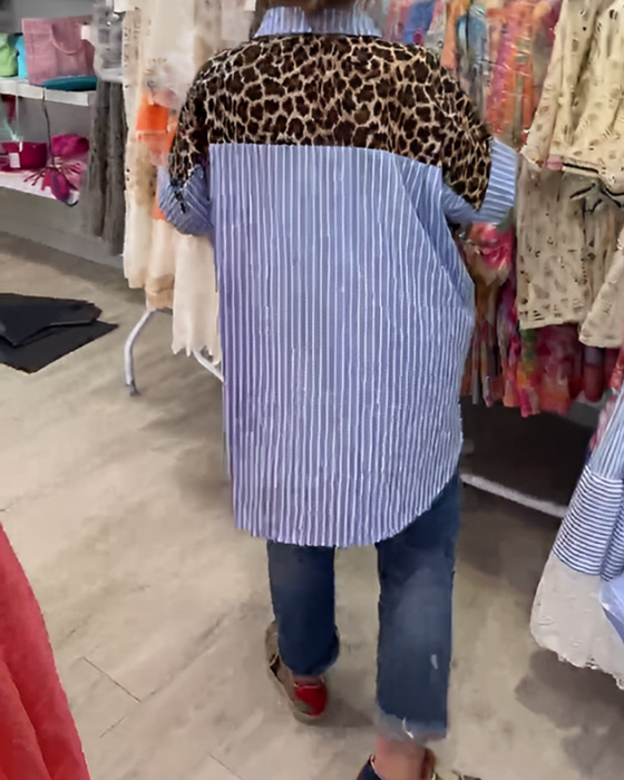 Koszula W Paski Z Kołnierzykiem I Leopardzim Nadrukiem