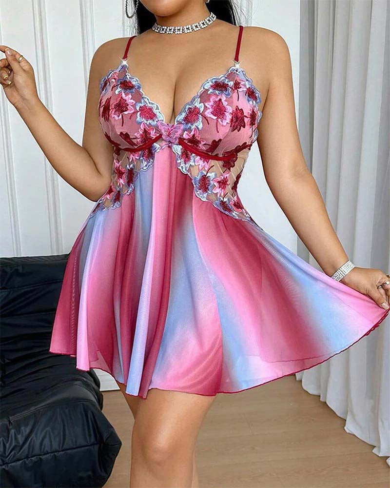 Koszula Nocna Plus Size Z Kolorowym Haftem I Ramiączkami