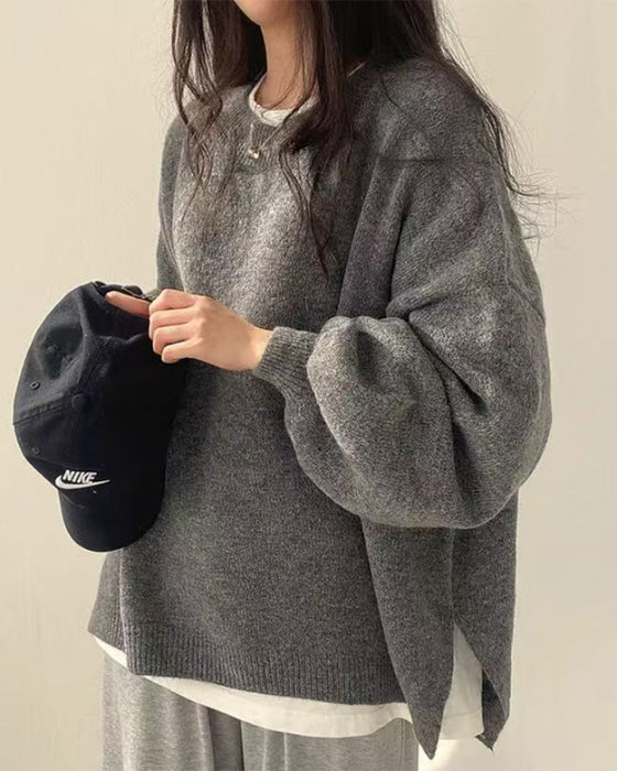 Sweter Okrągły Dekolt Bok Rozcięcie