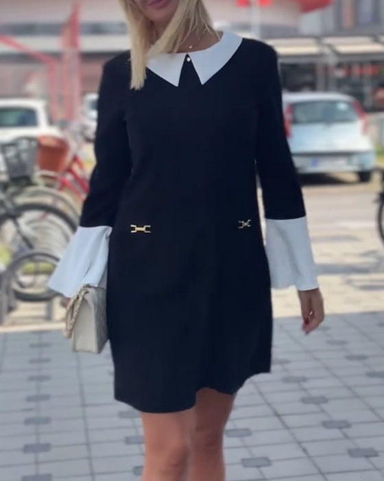 Elegancka kontrastująca sukienka z rękawami dzwonkowymi