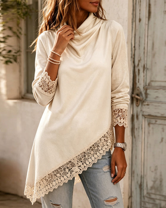 Top Mock Neck Koronka Patchwork Nieregularny