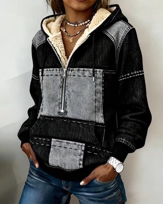 Bluza Z Kapturem Retro Kolor Blok Z Wykładziną Z Polaru