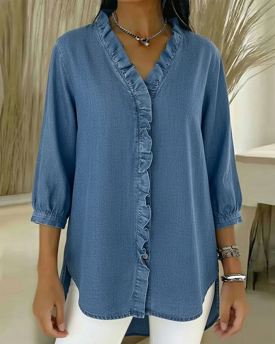 Bluzka Ruffle Dekolt V Denim
