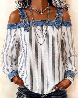 Bluzka Denim Odkryte Ramiona Pasek Panel