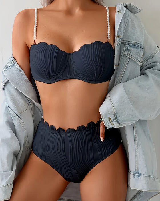 Bikini Pasek Z Perełek Teksturowane Wykończenie Muszelka Kokardka