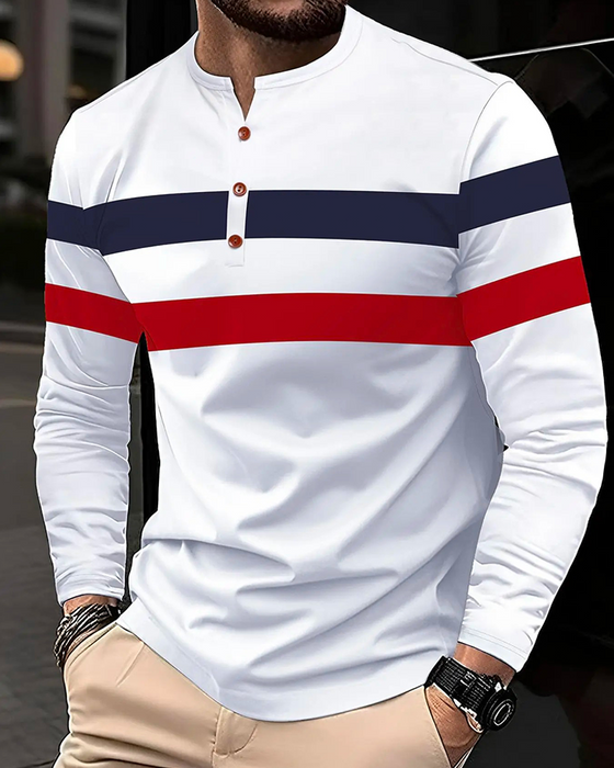 T-Shirt Męski Z Okrągłym Dekoltem W Paski Z Długim Rękawem