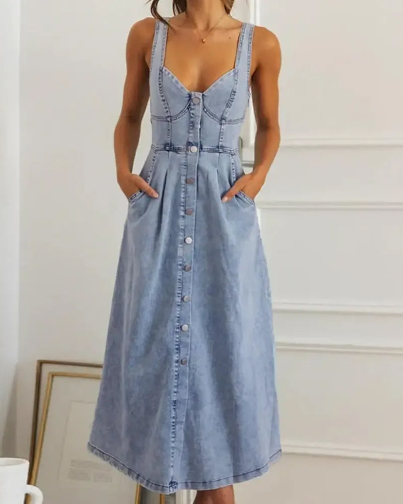 Sukienka Spaghetti Ramiączko Guzik Talia Wcięta Denim