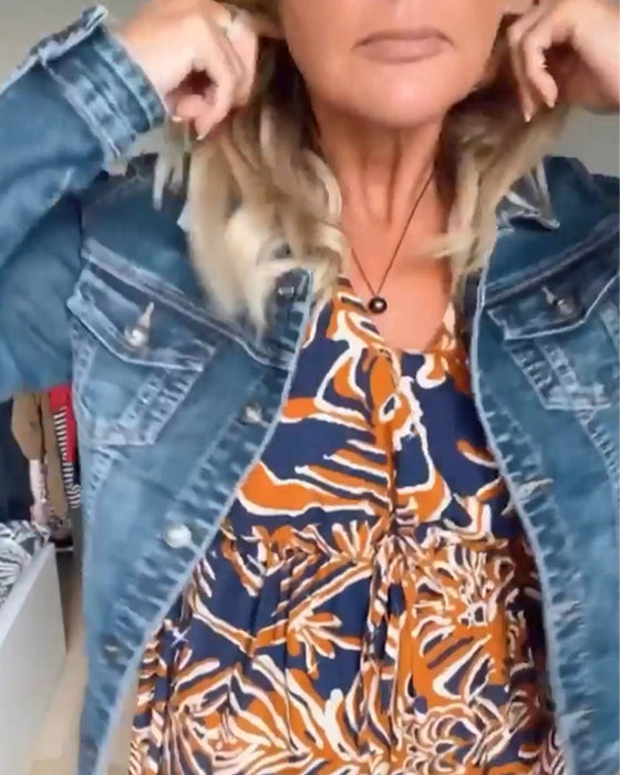 Luźny płaszcz dżinsowy z długim rękawem