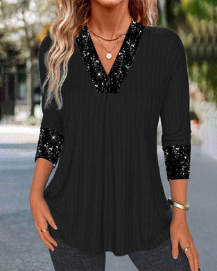 Casualowy jednolity kolor, patchworkowy top plisowany z cekinami