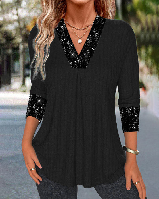 Casualowy jednolity kolor, patchworkowy top plisowany z cekinami