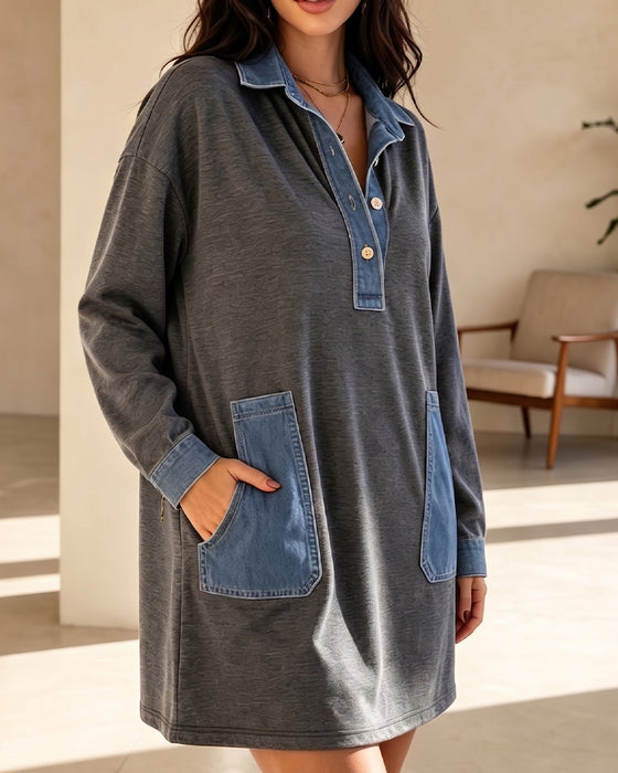 Sukienka Polo Kołnierz Denim Patchwork