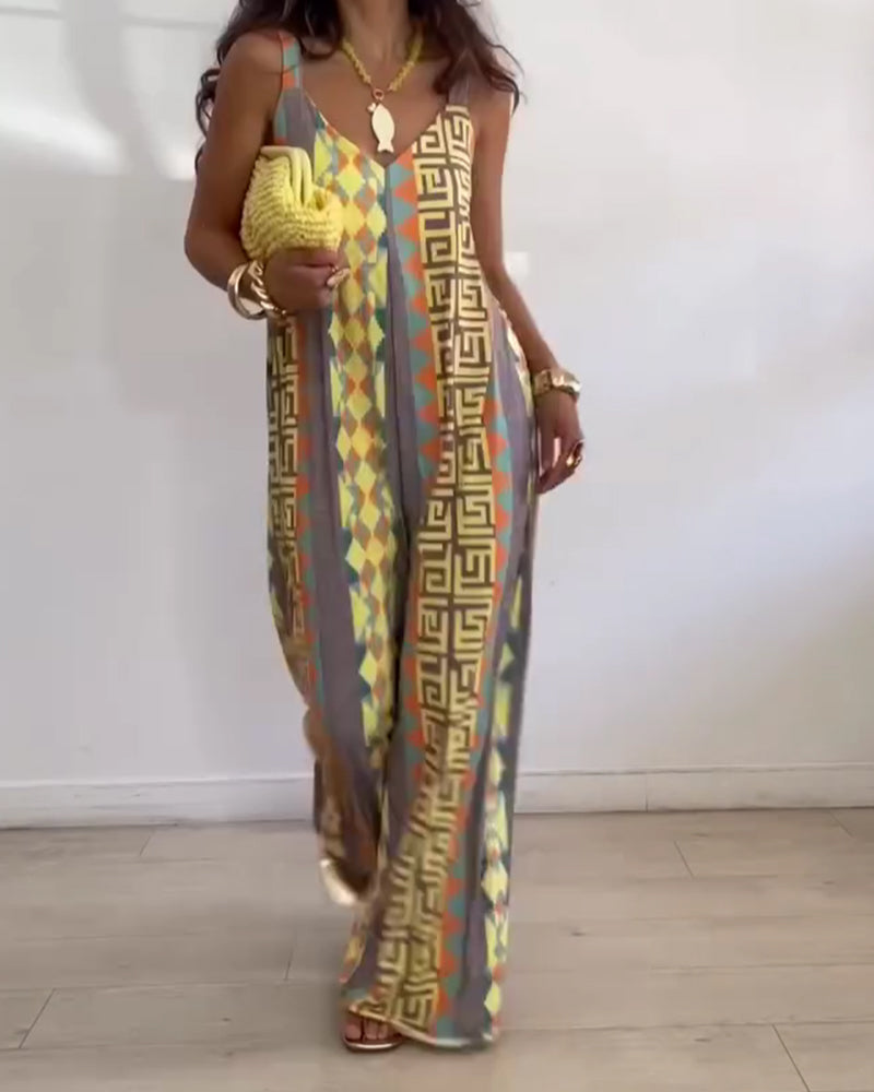 Jumpsuit Geometryczny Druk Ramiączko Spaghetti Szeroka Noga