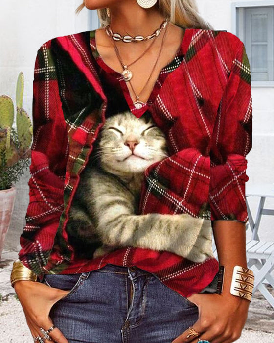 Bluzka z nadrukiem kota i długim rękawem