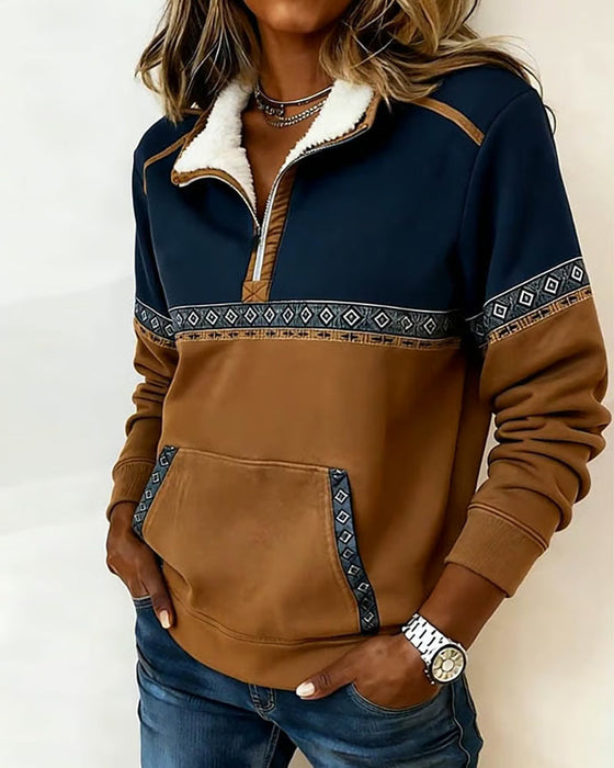 Bluza Retro Z Color Blocking I Futrzanym Kołnierzem