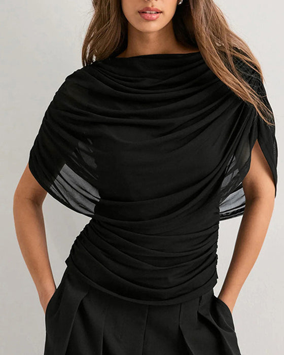 Bluzka Mesh Szal Szyja Drapowany Slim Fit