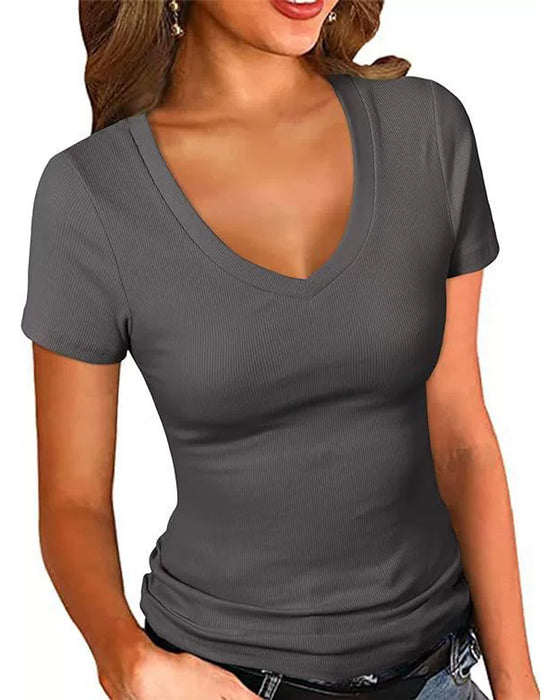 T-Shirt Żebrowany Slim Fit Dekolt W Kształcie Litery V Krótki Rękaw