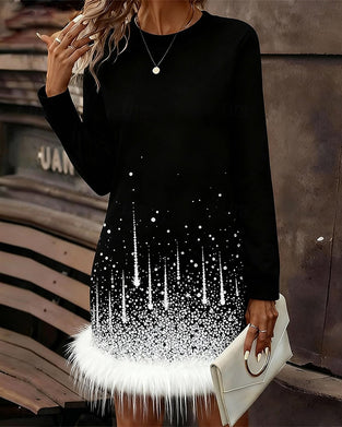 Sukienka z pluszowym patchworkowym dołem i okrągłym dekoltem