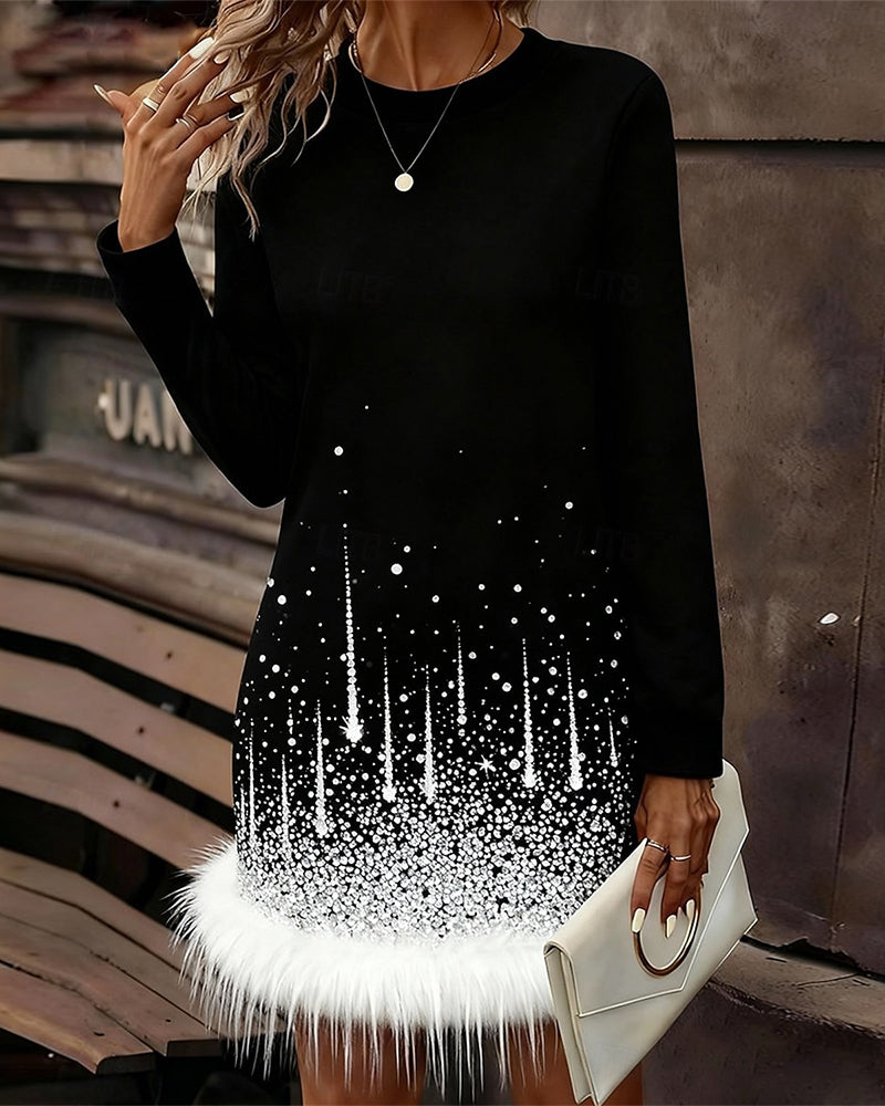 Sukienka z pluszowym patchworkowym dołem i okrągłym dekoltem