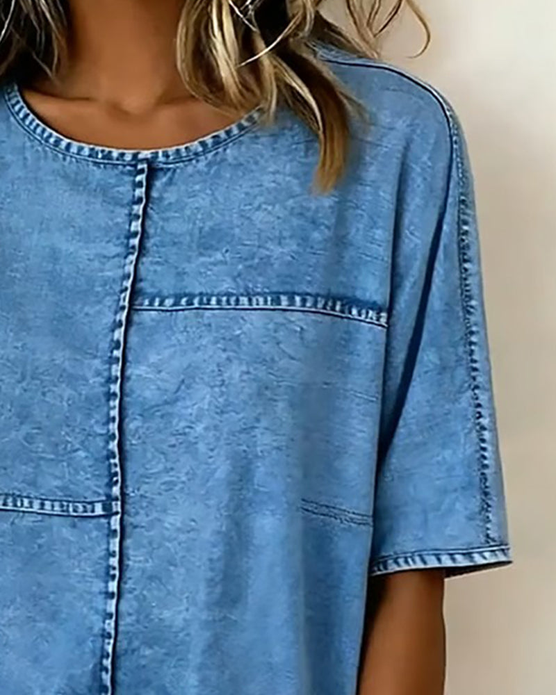 Top Znoszony Denim Krótki Rękaw