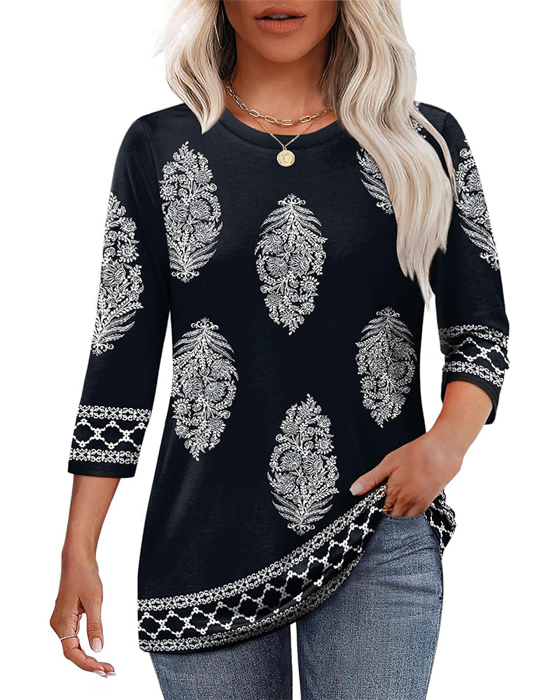 Top Drukowany Trzy Czwarte Rękawa Okrągły Dekolt