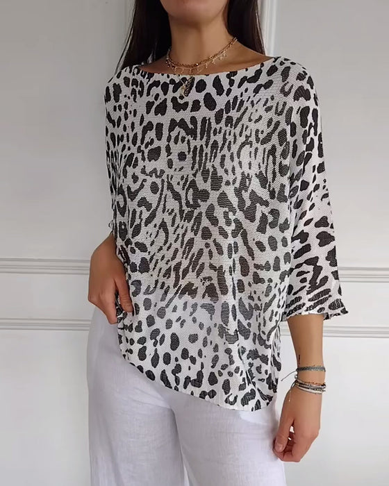Sweter Trzy Czwarte Rękawa Leopard Luźny